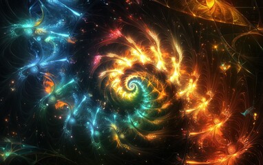 Geometric spirals and glowing lines forming a stylized dynamic work ecosystem