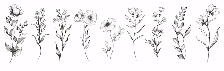 a set of flowers with leaves