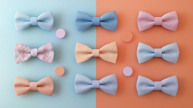 Illustrated bow ties in clean geometric lines, overlaid on pastel blocks