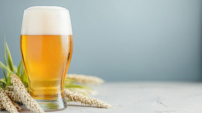 Cold beer pint, wheat, grey background. Drinks menu