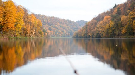 Fototapeta premium Autumn river reflection, fishing rod, tranquil fall scenery, nature background