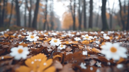 Autumn forest path, white flowers, fallen leaves