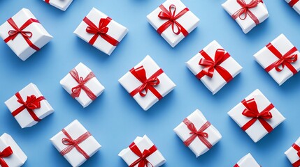 Obraz premium White Gift Boxes in a Pattern on a Blue Background