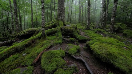 Mossy forest floor, trees, mist, Japan, nature background