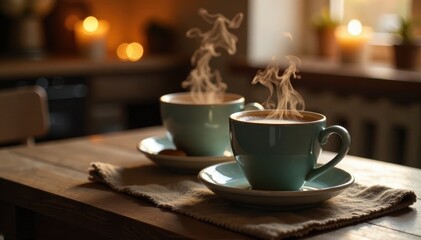 Warm steam rising from ceramic cups on a wooden table, cozy decor, hot cocoa
