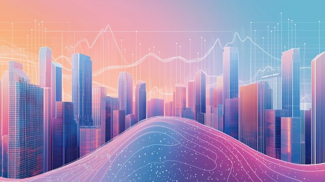 abstract digital illustration of a cityscape with tall buildings and skyscrapers. The background is a gradient of blue and pink colors, with the buildings on the left and right sides of the image bein