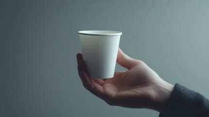 A Hand Holding a Blank White Paper Cup Against a Muted Background