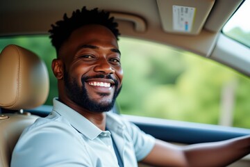 A Joyful Man Driving a Vehicle with a Smile in Nature's Scenic Background on a Bright Day