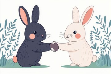 An adorable illustration of two rabbits, one black and one white, shaking hands in a playful and friendly manner amidst greenery.
