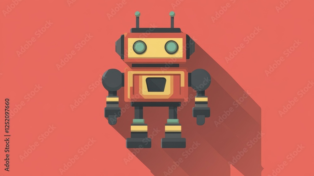 Poster a sleek robot icon with a modern long shadow on a minimalist backdrop, perfect for techoriented desi