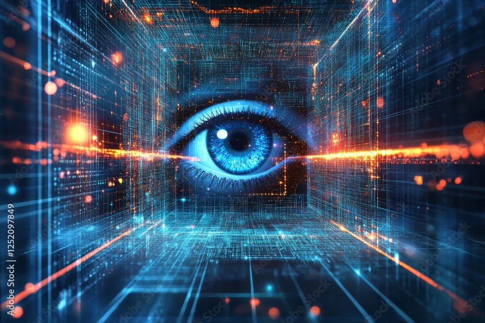 Poster a digital eye symbolizing intricate tech processes, advanced neural networks, and seamless data tran
