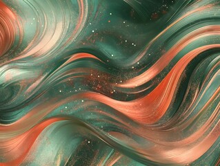 Abstract Fluid Art: Swirling ribbons of color dance across the canvas, blending shades of green and coral to create a mesmerizing visual experience.