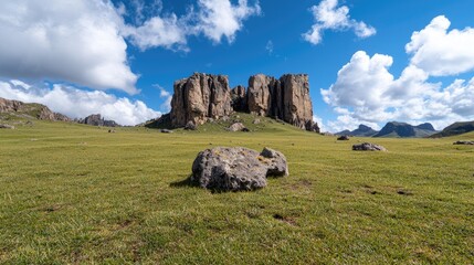 Majestic rock formation grassland sunny sky landscape