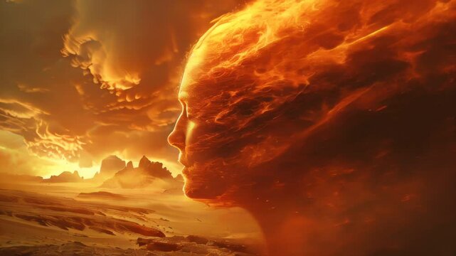 Flames are rising from a man's face in a desert