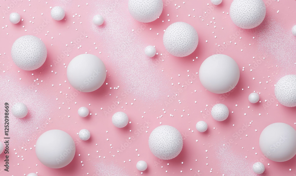 Poster white textured spheres and small dots scattered on shimmering pastel pink background create minimali