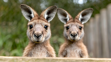 Fototapeta premium Two kangaroos peering over fence, wildlife park