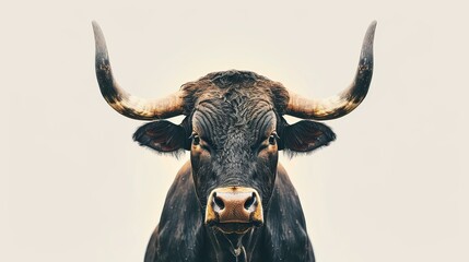 Naklejka premium A powerful dark brown bull with impressive muscles and long horns gazes confidently at the camera against a clear background.