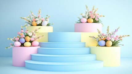 Pastel Easter Display With Flowers And Eggs