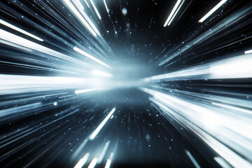 Obraz premium Explosive burst of radiant light with dynamic blue streaks and sparkling particles, representing speed, energy, and futuristic motion in a cosmic abstract space