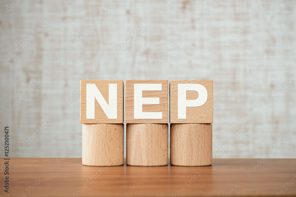Aufkleber there is wood cube with the word nep. it is an abbreviation for net ecosystem production as eye-catc