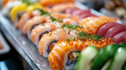 Salmon Sushi rolls on dish, gastronomic delight