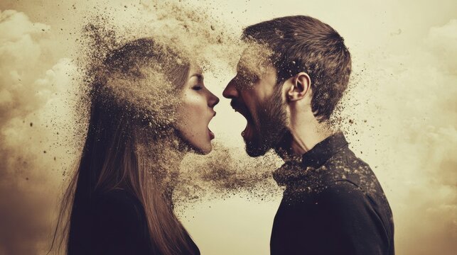 Angry couple, arguing face to face, separation concept and explosive fight with bad relationship, emotional and drama