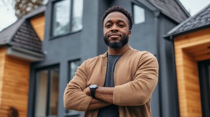 Obraz premium Confident African American Man Posing in Front of His New House, Real Estate Success
