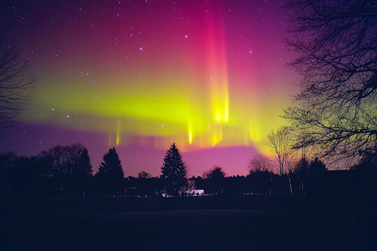 Vibrant aurora borealis with stunning red and green lights illuminating the night sky over a dark landscape, creating a magical and cosmic display