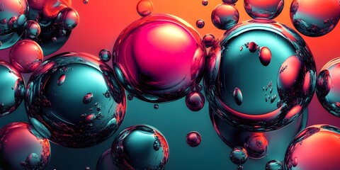 Abstract Liquid Spheres: Vibrant, iridescent spheres float in a dynamic composition, showcasing a mesmerizing interplay of light and color.  The interplay of teal, pink.