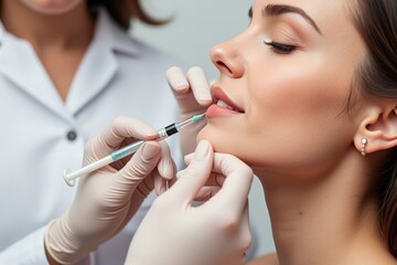 Obraz premium Beauty Enhancement Procedure: A Close-Up of a Woman Receiving Lip Filler Injection in a Professional Aesthetic Clinic Setting