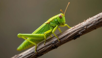 Close-Up of a Green Grasshopper on a Branch