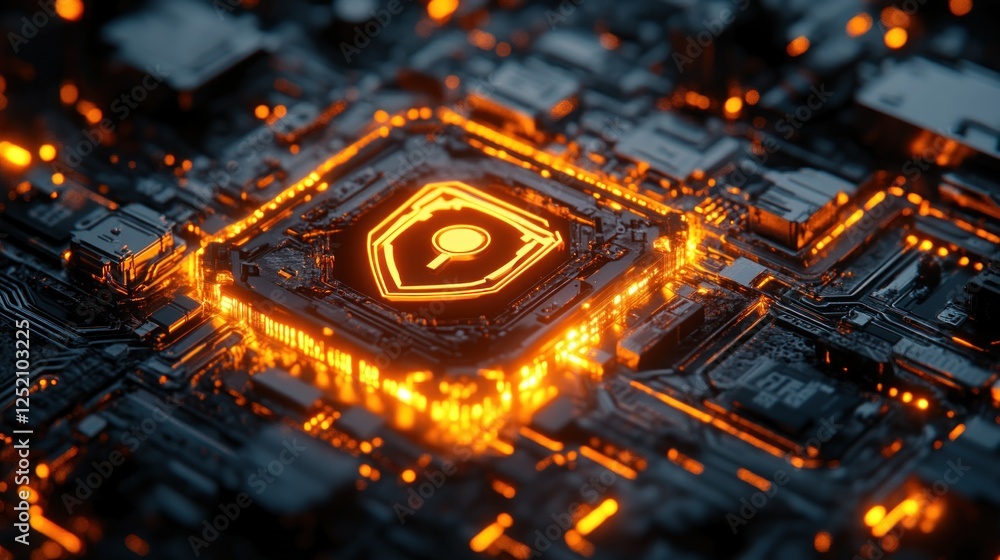 Poster glowing circuit board showing digital security shield