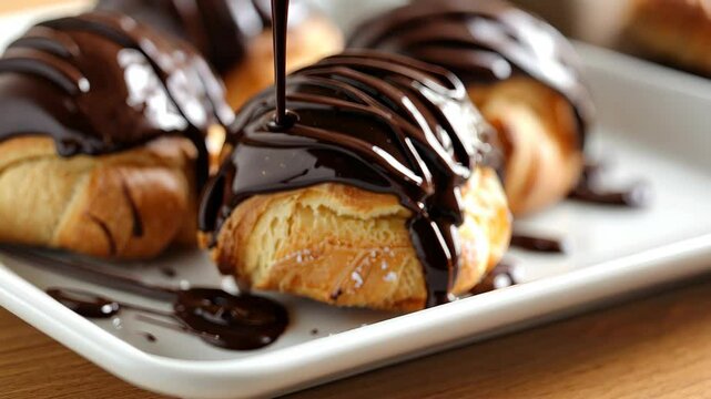 Decadent delight as chocolate ganache cascades over luscious cream puffs, Ai Generated.