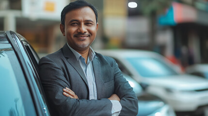 Obraz premium A cheerful Bangladeshi car dealer stands in a vehicle showroom.