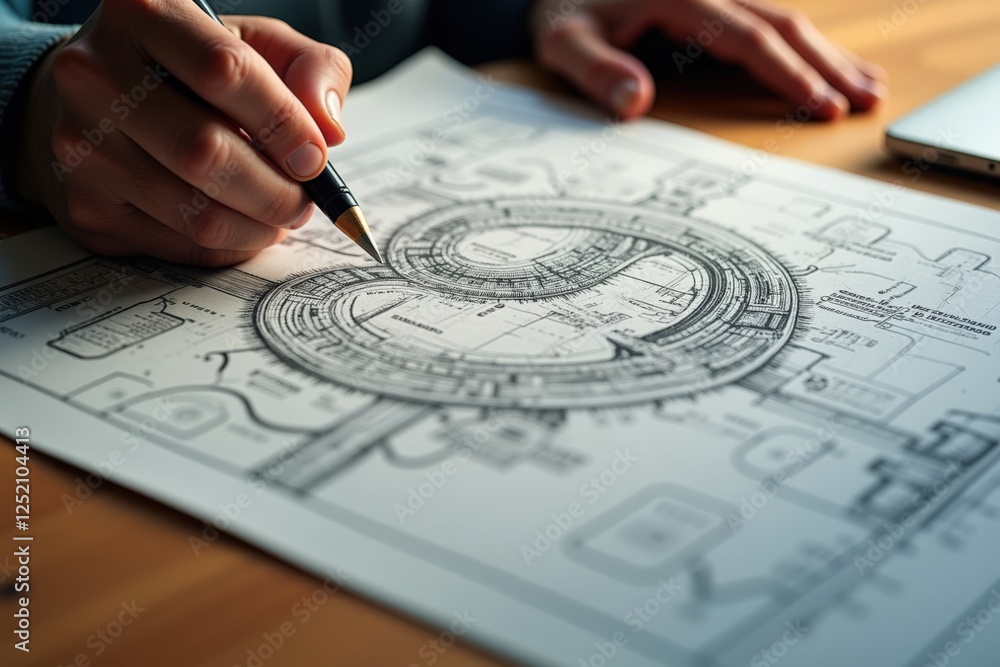Poster intricate technical blueprint detailing a unique circular design: a close-up view of architectural p