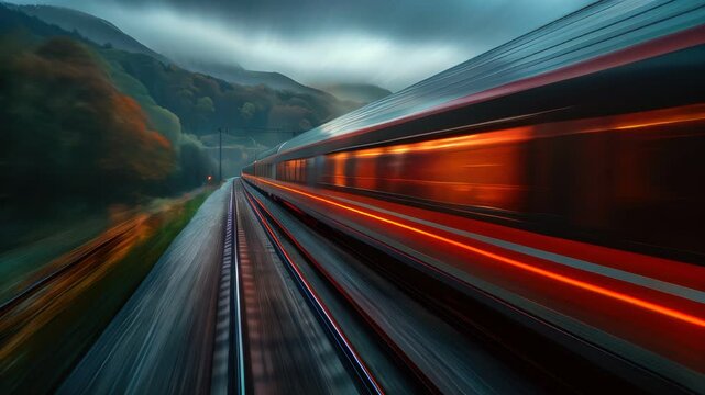 Blurred image of a train passing through a mountainous area