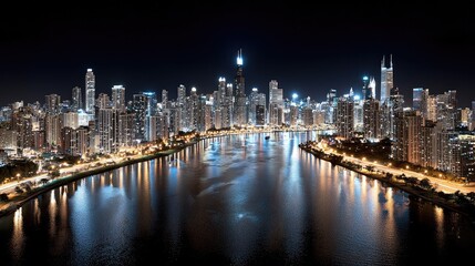Obraz premium Night cityscape, Chicago skyline, lake reflection, urban landscape, travel poster