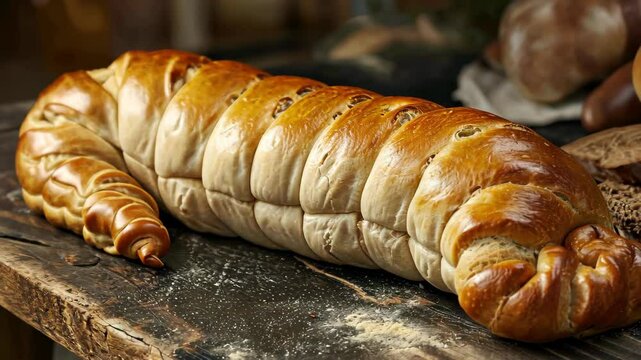 Unique bread loaf resembling an earthworm resting on a wooden table, Ai Generated