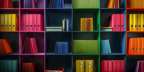a shelf with colorful books and folders