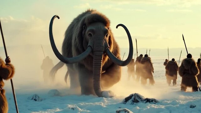 Prehistoric Mammoth Hunt in a Snowy Ice Age Landscape