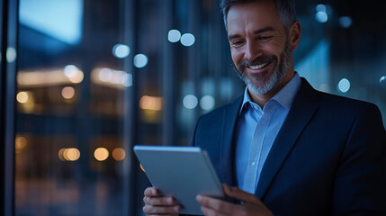 A happy businessman poses in an office with a tablet, highlighting his role in networking and client communication within legal research.