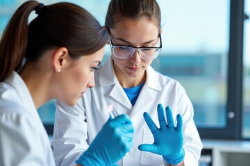 Two Female Scientists Collaborating in a Laboratory Setting, Engaged in Biochemical Research with Focused Expressions and Laboratory Equipment