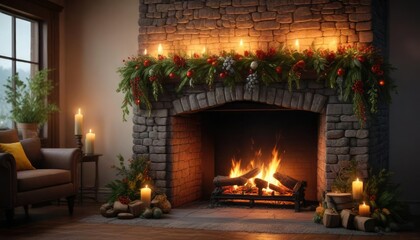 Garlands and greenery surrounding a crackling fire, warm glow, seasonal decor, winter wonderland