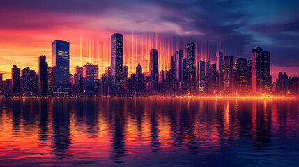 Fototapeta premium A vibrant city skyline at dusk with soundwave graphics overlay. Soundwave Architecture. Illustration