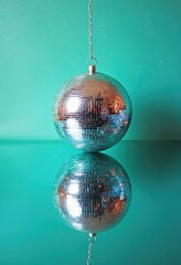 Fototapeta premium Disco ball with mirror tiles reflects on turquoise surface. Party mood, night club atmosphere. Funky glitz, glittering decoration for holiday events. Groovy nostalgia, dancefloor.
