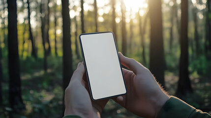 Man using phone in sunny forest