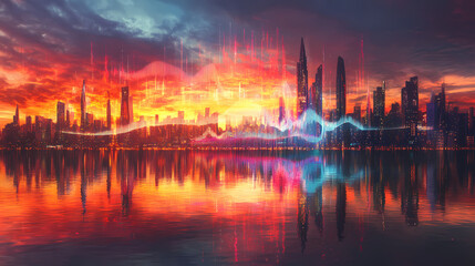 Naklejka premium A vibrant cityscape with a digital soundwave visualization. Soundwave Architecture. Illustration