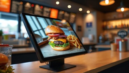 Digital display shows menu with double-decker burger, fries in restaurant. Screen angled, blurred background. Fast food on screen attracts clients, modern technology, marketing, advertising concept.