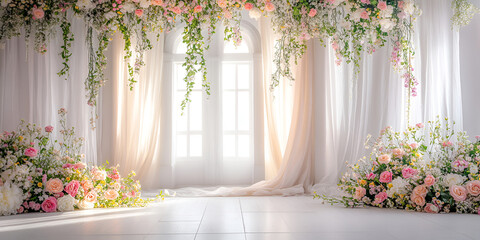 White Wooden Wall and Floor Background with Flower Arrangements in Crate, Rustic and Elegant Decor

