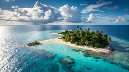 Obraz premium Paradise Island in Crystal Waters: A Tropical Oasis of Golden Sands, Lush Palms, and Turquoise Waves Captured in Stunning 16K Cinematic Perfection